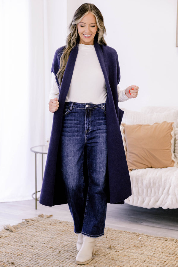 Chic Soul plus size clothing, navy midi length sleeveless cardigan duster with 2 front lower pockets 
