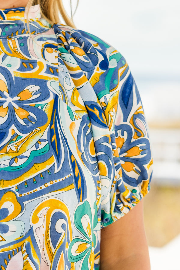 Chic Soul plus size clothing, short-sleeve blue mock neck top with a yellow and blue abstract paisley watercolor pattern