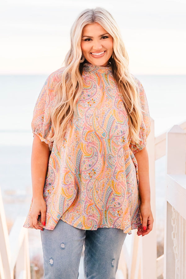 Chic Soul plus size clothing, orange combo paisley short sleeve top with high neck and puff sleeves