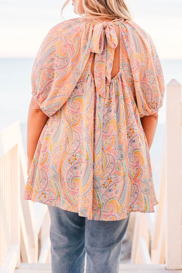 Chic Soul plus size clothing, orange combo paisley short sleeve top with high neck and puff sleeves