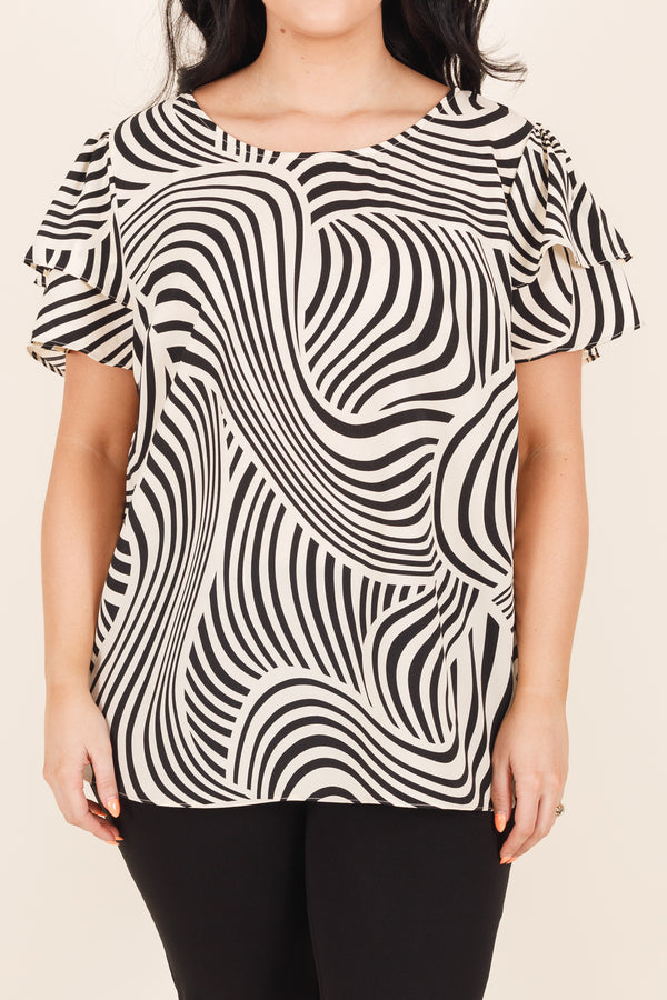 Chic Soul plus size clothing, black and cream geometric printed top with multi layered ruffle sleeves
