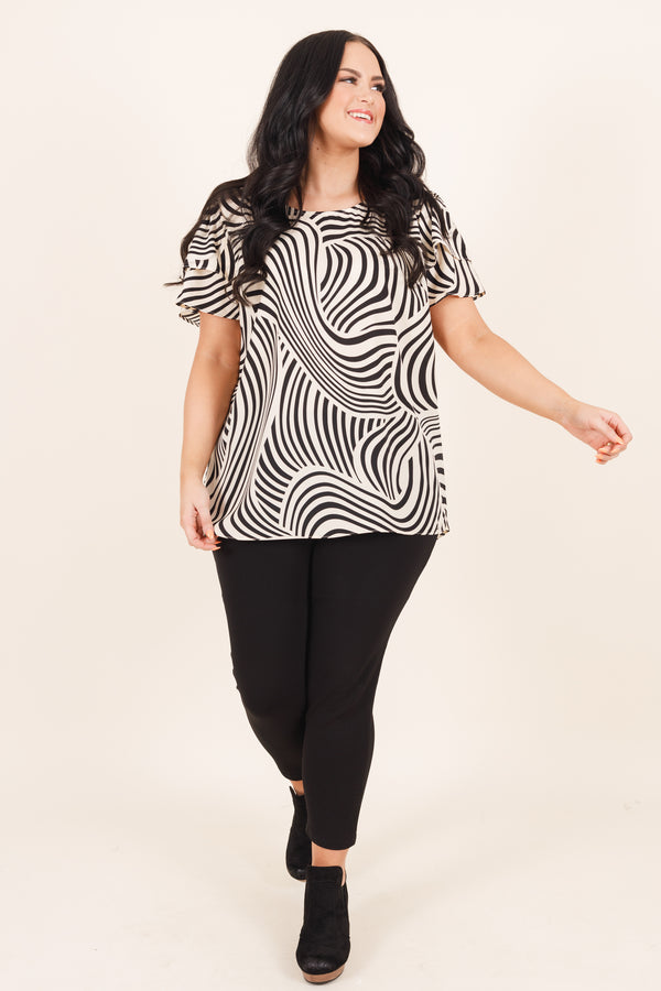 Chic Soul plus size clothing, black and cream geometric printed top with multi layered ruffle sleeves