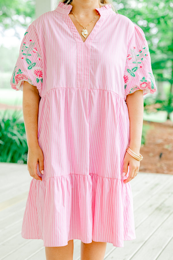 Chic Soul plus size clothing, light pink and white pinstripe shallow v-neck short-bubble sleeve babydoll dress with embroidered hot pink and green floral details on sleeves
