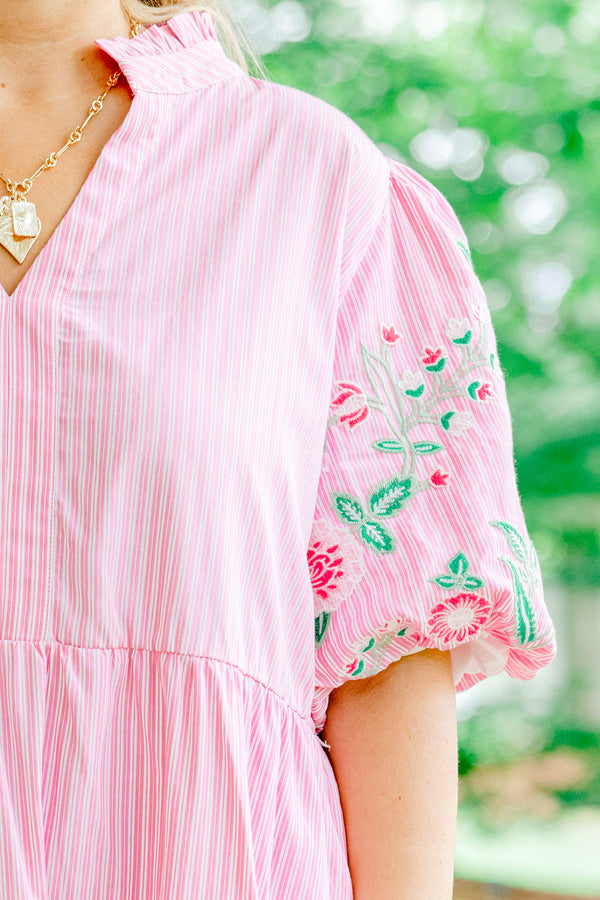 Chic Soul plus size clothing, light pink and white pinstripe shallow v-neck short-bubble sleeve babydoll dress with embroidered hot pink and green floral details on sleeves