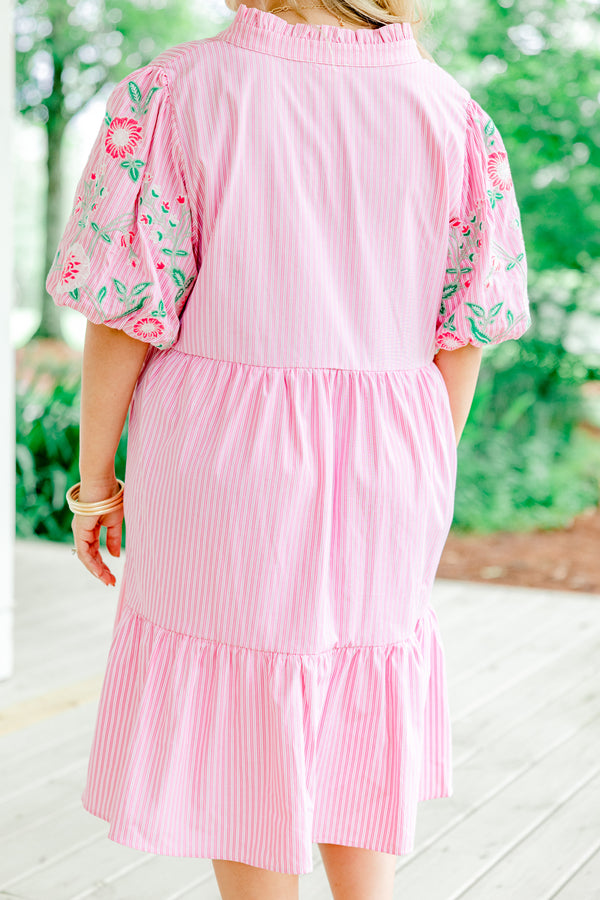 Chic Soul plus size clothing, light pink and white pinstripe shallow v-neck short-bubble sleeve babydoll dress with embroidered hot pink and green floral details on sleeves