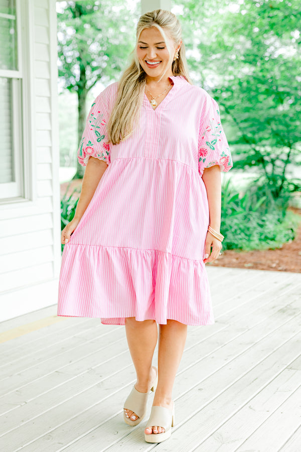 Chic Soul plus size clothing, light pink and white pinstripe shallow v-neck short-bubble sleeve babydoll dress with embroidered hot pink and green floral details on sleeves