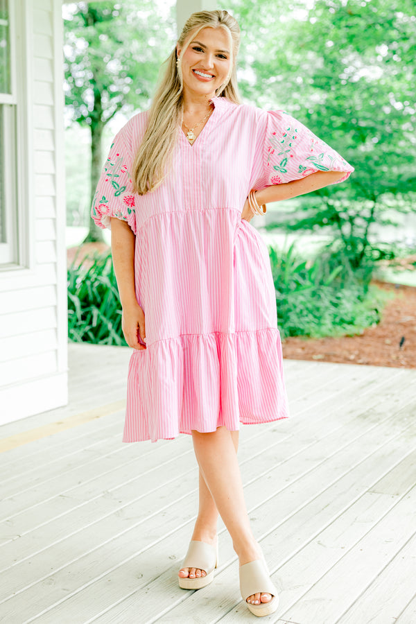 Chic Soul plus size clothing, light pink and white pinstripe shallow v-neck short-bubble sleeve babydoll dress with embroidered hot pink and green floral details on sleeves