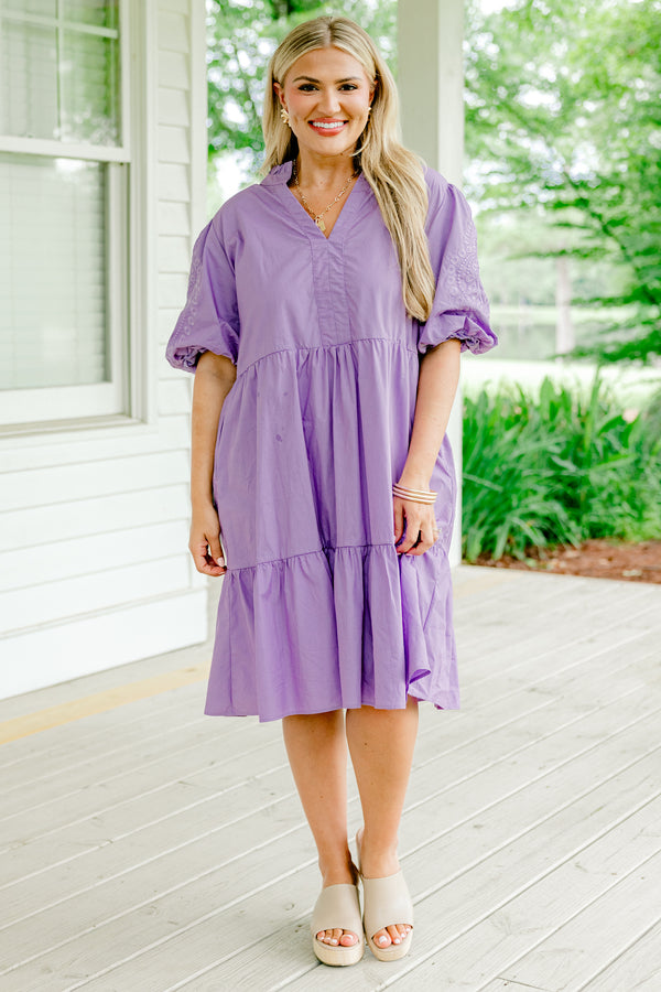 Chic Soul plus size clothing, dark lilac short-puff sleeve shallow v-neck babydoll dress with embroidered details on sleeves
