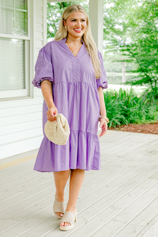 Chic Soul plus size clothing, dark lilac short-puff sleeve shallow v-neck babydoll dress with embroidered details on sleeves
