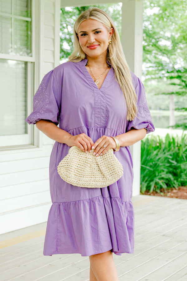 Chic Soul plus size clothing, dark lilac short-puff sleeve shallow v-neck babydoll dress with embroidered details on sleeves