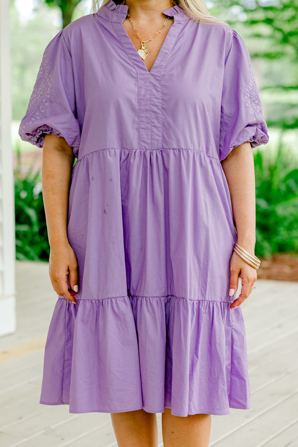 Chic Soul plus size clothing, dark lilac short-puff sleeve shallow v-neck babydoll dress with embroidered details on sleeves