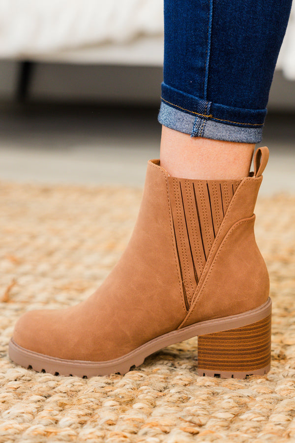 Chic Soul plus size clothing, cognac brown round toe booties with wood block heel and detailing on ankle