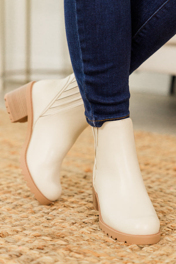 Chic Soul plus size clothing, bone ankle length booties with stripe detail on sides with round toe and wood block heel