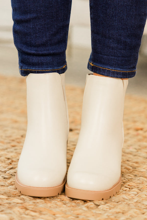 Chic Soul plus size clothing, bone ankle length booties with stripe detail on sides with round toe and wood block heel