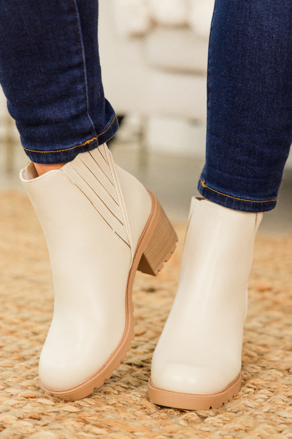 Chic Soul plus size clothing, bone ankle length booties with stripe detail on sides with round toe and wood block heel