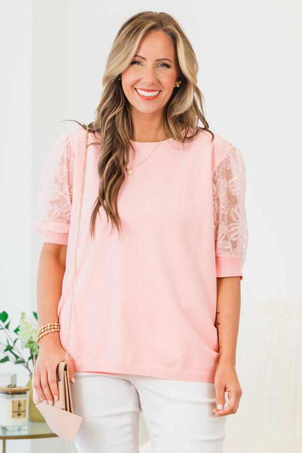 Chic Soul plus size clothing, short-puffed-sleeve pink top with a high-scoop-neckline and a pink floral tulle material as the sleeves