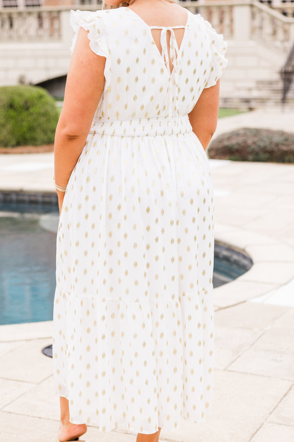 Chic Soul plus size clothing, white maxi dress with split on the side with ruffle sleeves with v neckline and gold dot detail with synched waist