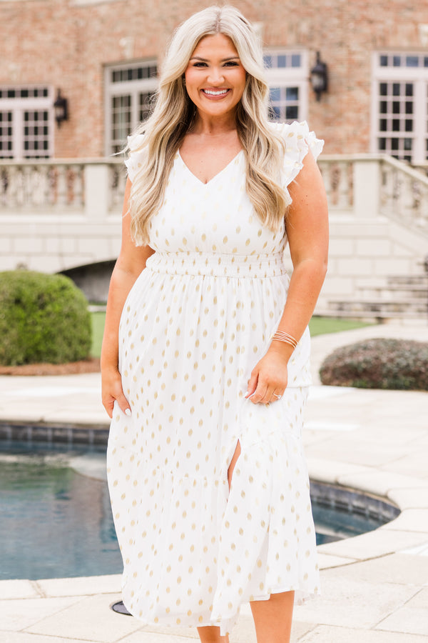 Chic Soul plus size clothing, white maxi dress with split on the side with ruffle sleeves with v neckline and gold dot detail with synched waist