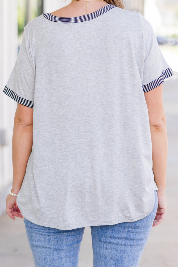 Chic Soul plus size clothing, heather grey short sleeve top with round neckline with black and white striped trim along sleeves and neckline