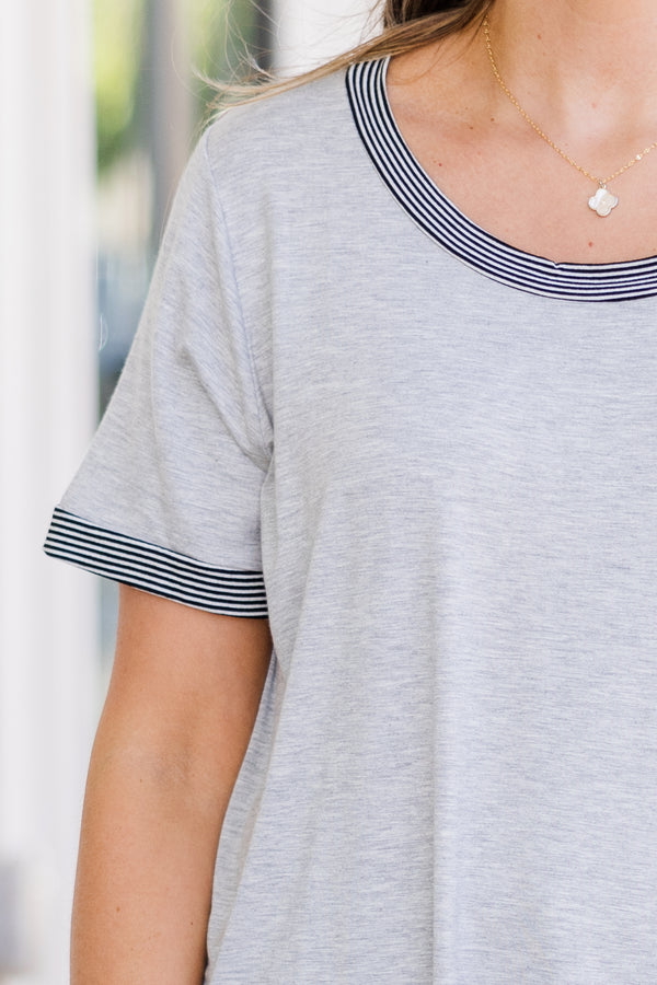 Chic Soul plus size clothing, heather grey short sleeve top with round neckline with black and white striped trim along sleeves and neckline