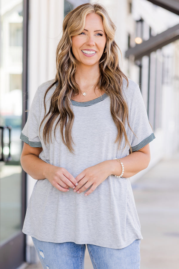 Chic Soul plus size clothing, heather grey short sleeve top with round neckline with black and white striped trim along sleeves and neckline