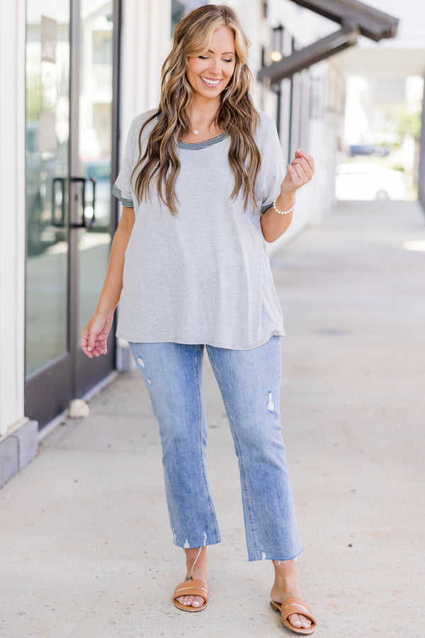 Chic Soul plus size clothing, heather grey short sleeve top with round neckline with black and white striped trim along sleeves and neckline