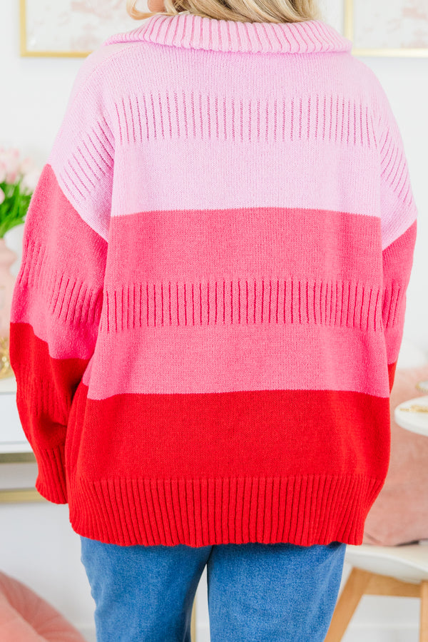 Chic Soul plus size clothing, color block knit stripe pink pullover with quarter zip collar