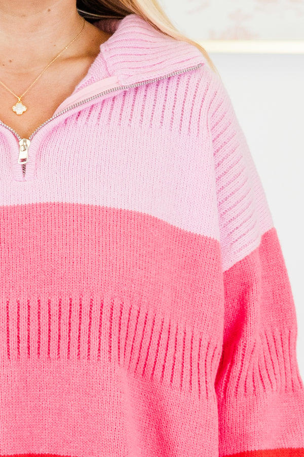 Chic Soul plus size clothing, color block knit stripe pink pullover with quarter zip collar