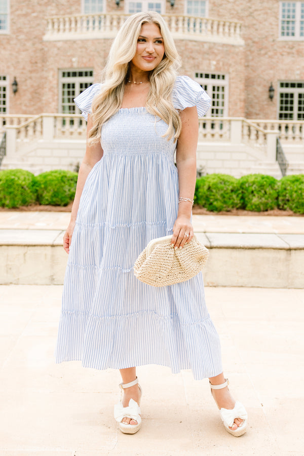 Chic Soul plus size clothing, white and sky blue vertically striped short-flutter sleeve tiered maxi dress with ruched bodice and square neckline