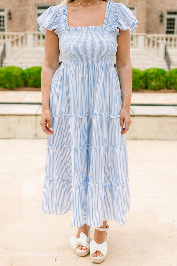 Chic Soul plus size clothing, white and sky blue vertically striped short-flutter sleeve tiered maxi dress with ruched bodice and square neckline