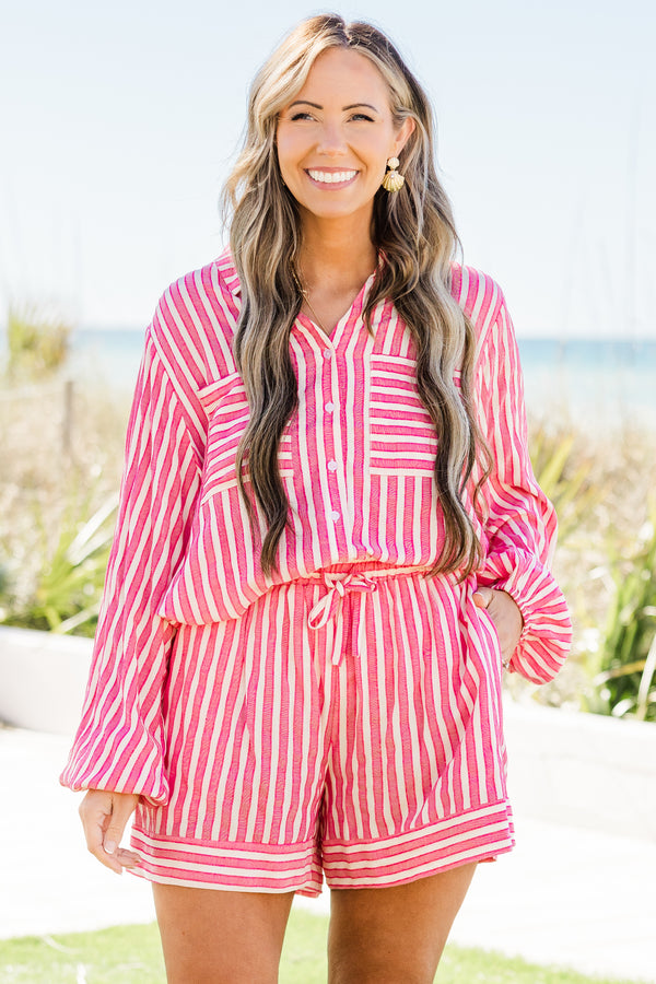 Chic Soul plus size clothing, pink and white stripe long sleeve button up top with chest pockets with collar detail and balloon cuff sleeves