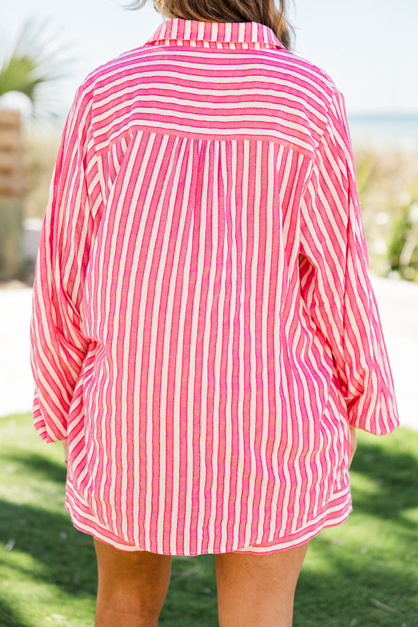 Chic Soul plus size clothing, pink and white stripe long sleeve button up top with chest pockets with collar detail and balloon cuff sleeves