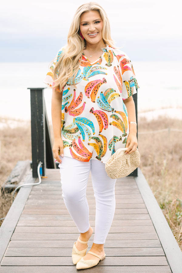 Chic Soul plus size clothing, ivory short sleeve multi color banana top with v neckline