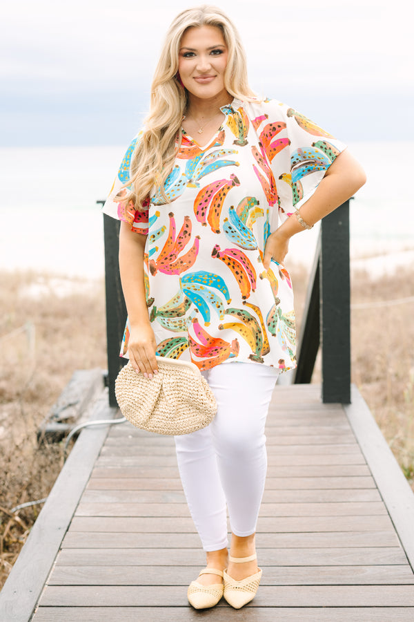 Chic Soul plus size clothing, ivory short sleeve multi color banana top with v neckline