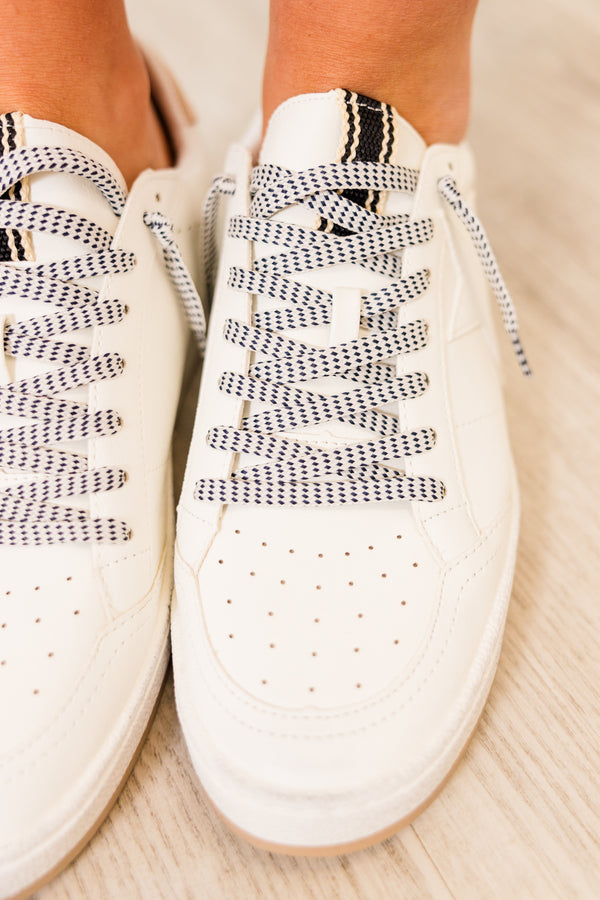 Chic Soul plus size clothing, white sneakers with black stripe on the tongue and white and black striped laces