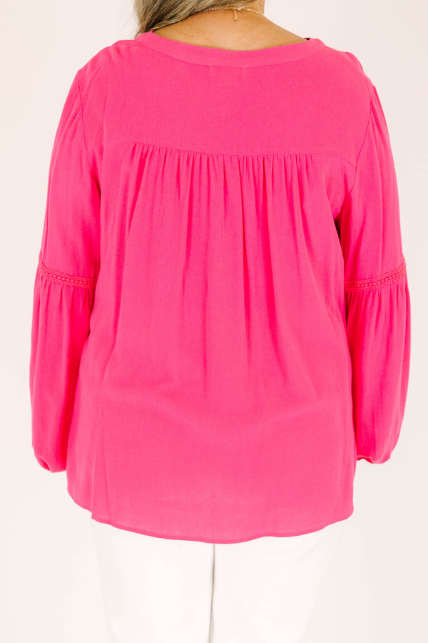 Chic Soul plus size clothing, hot pink long sleeve top with elastic sleeve cuffs