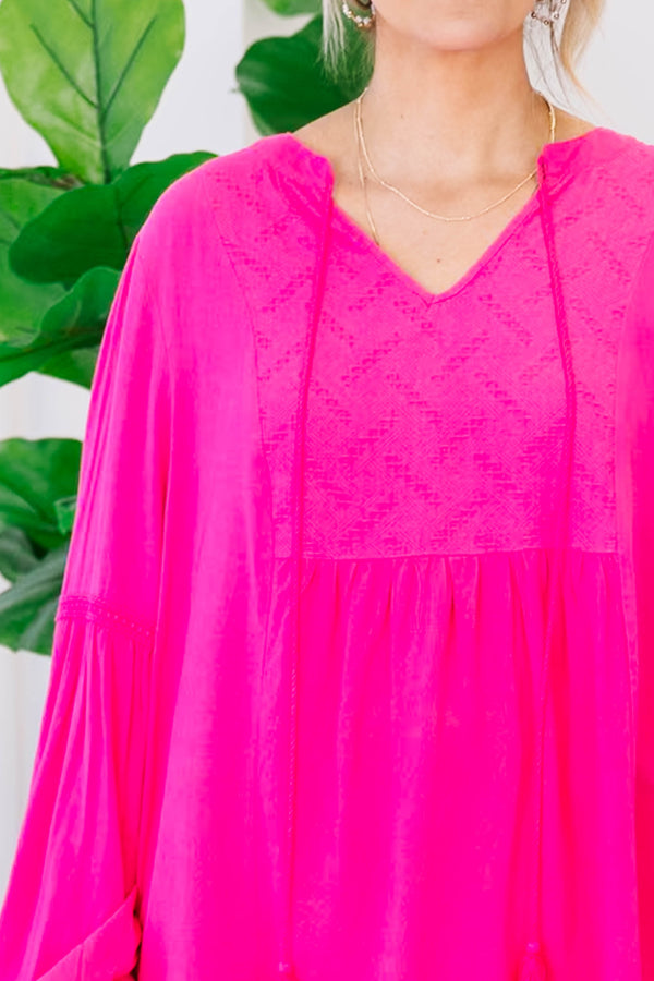 Chic Soul plus size clothing, hot pink long sleeve top with elastic sleeve cuffs