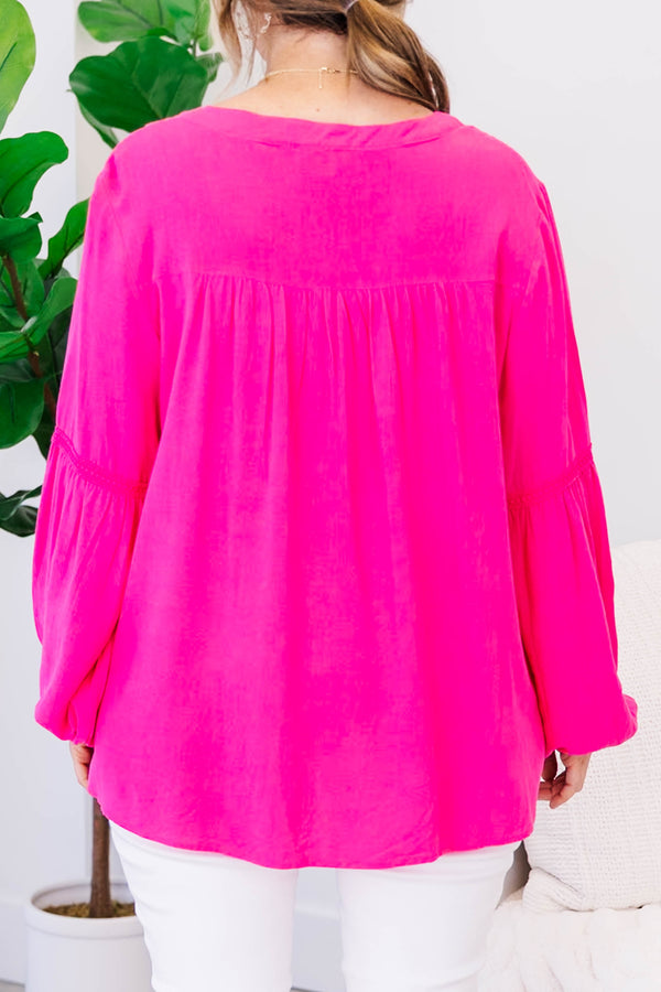 Chic Soul plus size clothing, hot pink long sleeve top with elastic sleeve cuffs