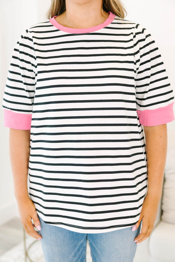 Chic Soul plus size clothing, black stiped short sleeve top with a pink cuff at the end of each sleeve and along the neckline 