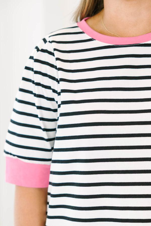 Chic Soul plus size clothing, black stiped short sleeve top with a pink cuff at the end of each sleeve and along the neckline 
