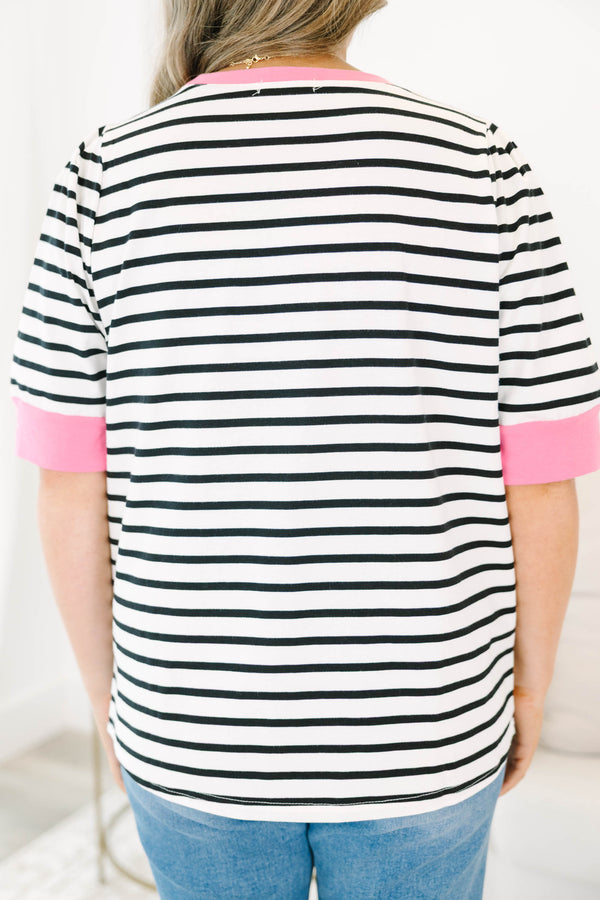 Chic Soul plus size clothing, black stiped short sleeve top with a pink cuff at the end of each sleeve and along the neckline 