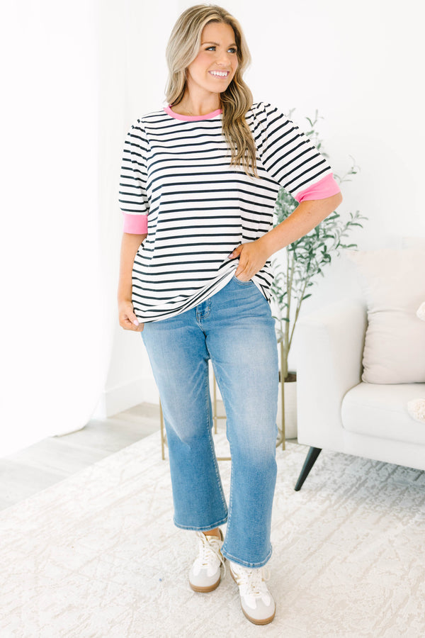 Chic Soul plus size clothing, black stiped short sleeve top with a pink cuff at the end of each sleeve and along the neckline 