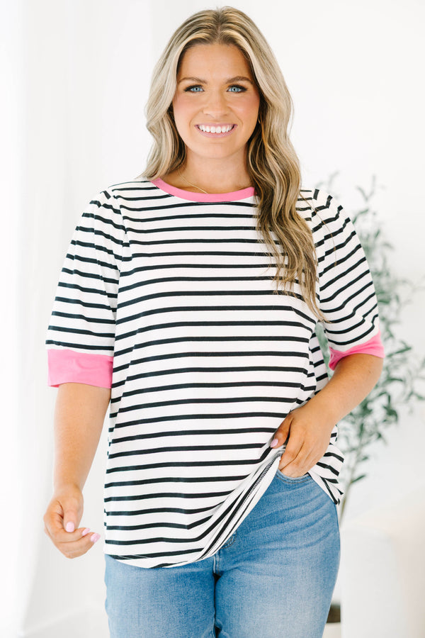 Chic Soul plus size clothing, black stiped short sleeve top with a pink cuff at the end of each sleeve and along the neckline 