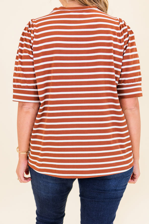 Plus Size burgundy and white horizontal striped cotton top with short puff sleeves and a crew neck.