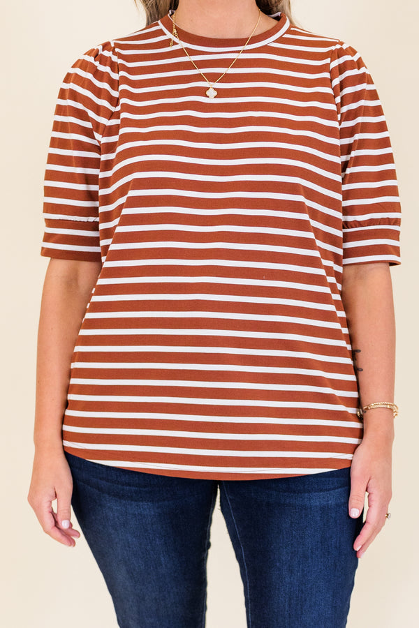 Plus Size burgundy and white horizontal striped cotton top with short puff sleeves and a crew neck.