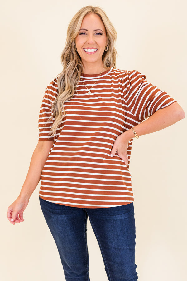 Plus Size burgundy and white horizontal striped cotton top with short puff sleeves and a crew neck.