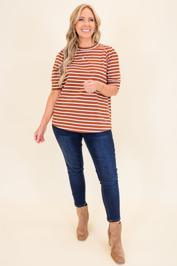 Plus Size burgundy and white horizontal striped cotton top with short puff sleeves and a crew neck.