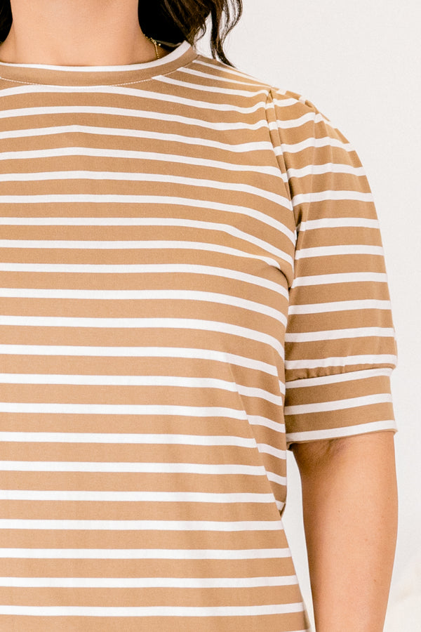 Chic Soul plus size clothing, mocha and white horizontal striped high neck short sleeve top