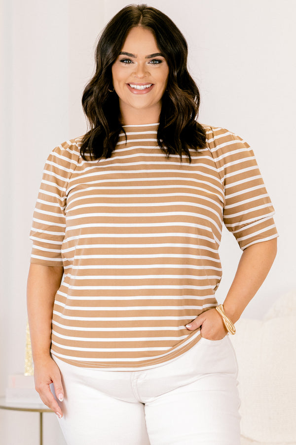 Chic Soul plus size clothing, mocha and white horizontal striped high neck short sleeve top