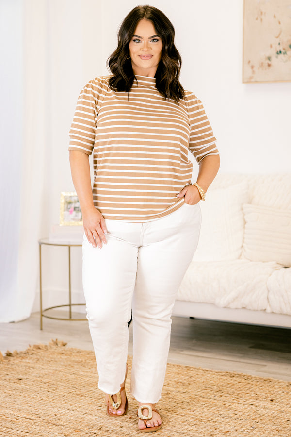 Chic Soul plus size clothing, mocha and white horizontal striped high neck short sleeve top